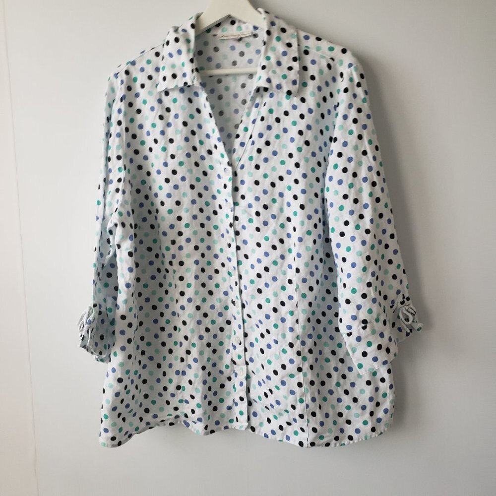 JM Collectionwomens top size 16W 100%Linen Polka Dots Print Tie‎ Cuffs